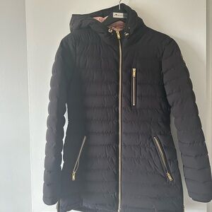 Moose Knuckles Black Puffer Jacket with Gold Accents